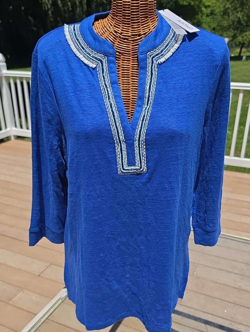 NWT 100% Linen Chico's Royal Blue Beaded Split-Neck Tunic